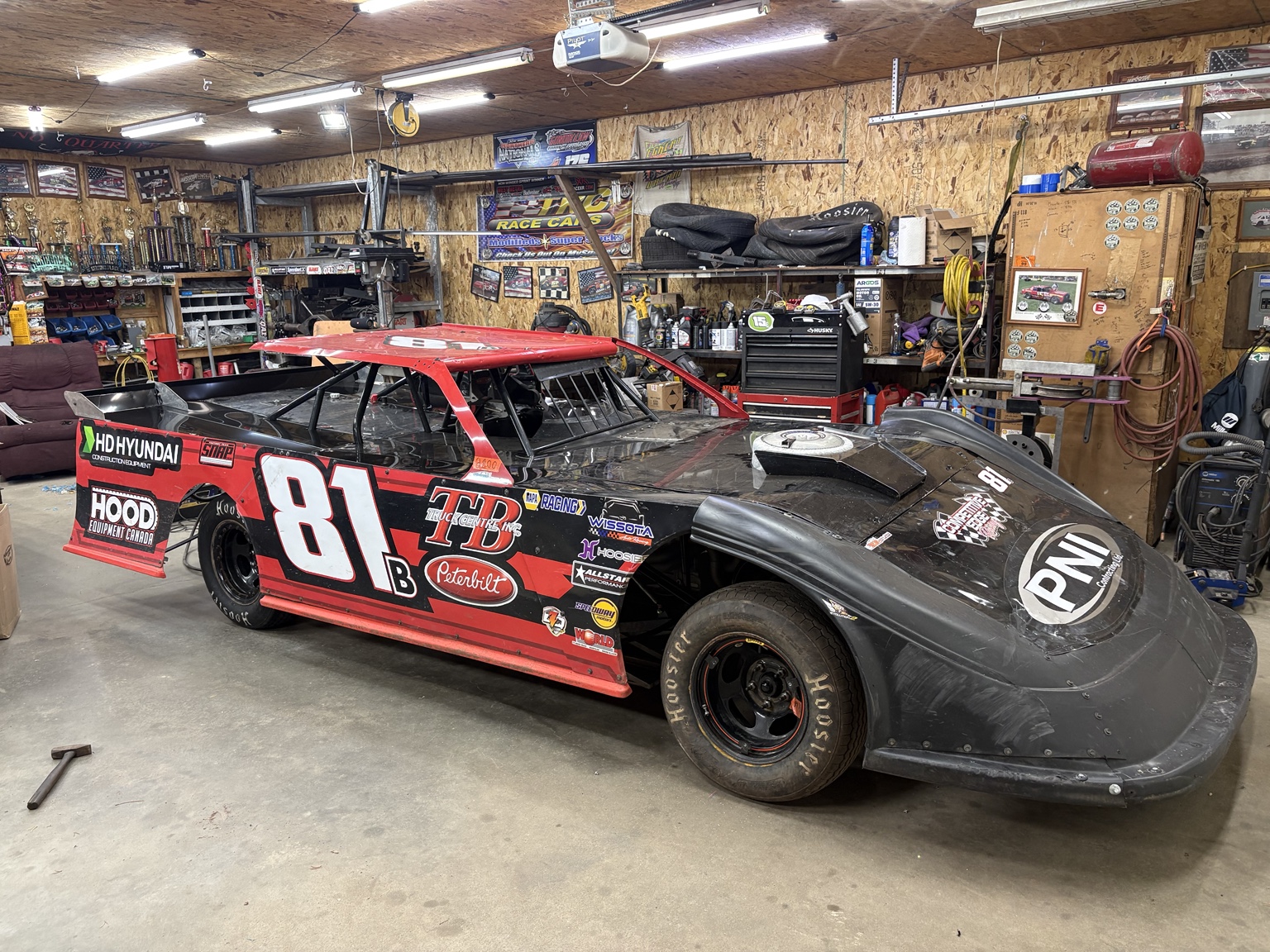 Number 81B late model in race shop